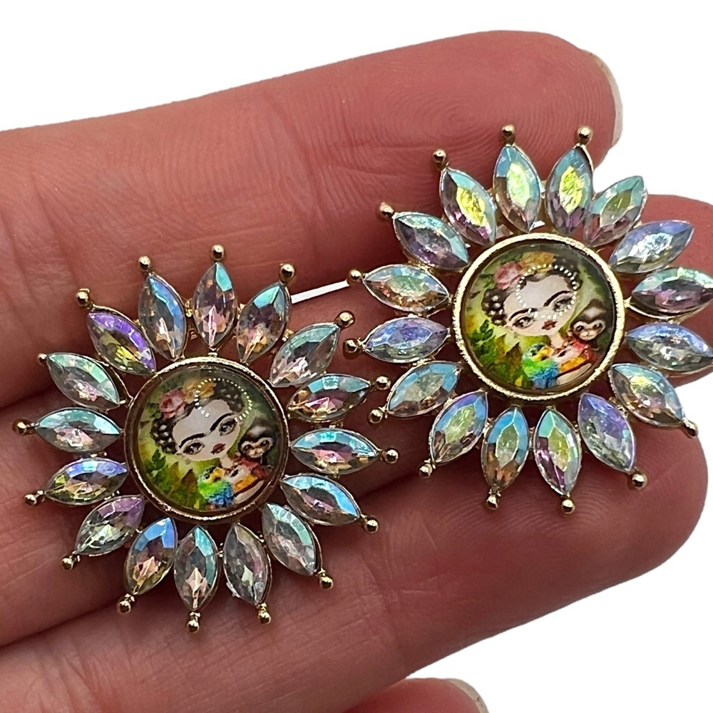 Frida Kahlo Iridescent Crystal Starburst Post Earrings, Artsy Boho Accessories - Picture 4 of 8